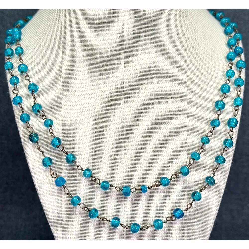 Vintage Teal Glass Bead Flapper Necklace